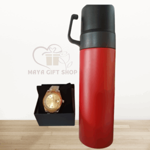Elegant Duo Gift Set: Red Flask & Luxury Gold-Tone Watch
